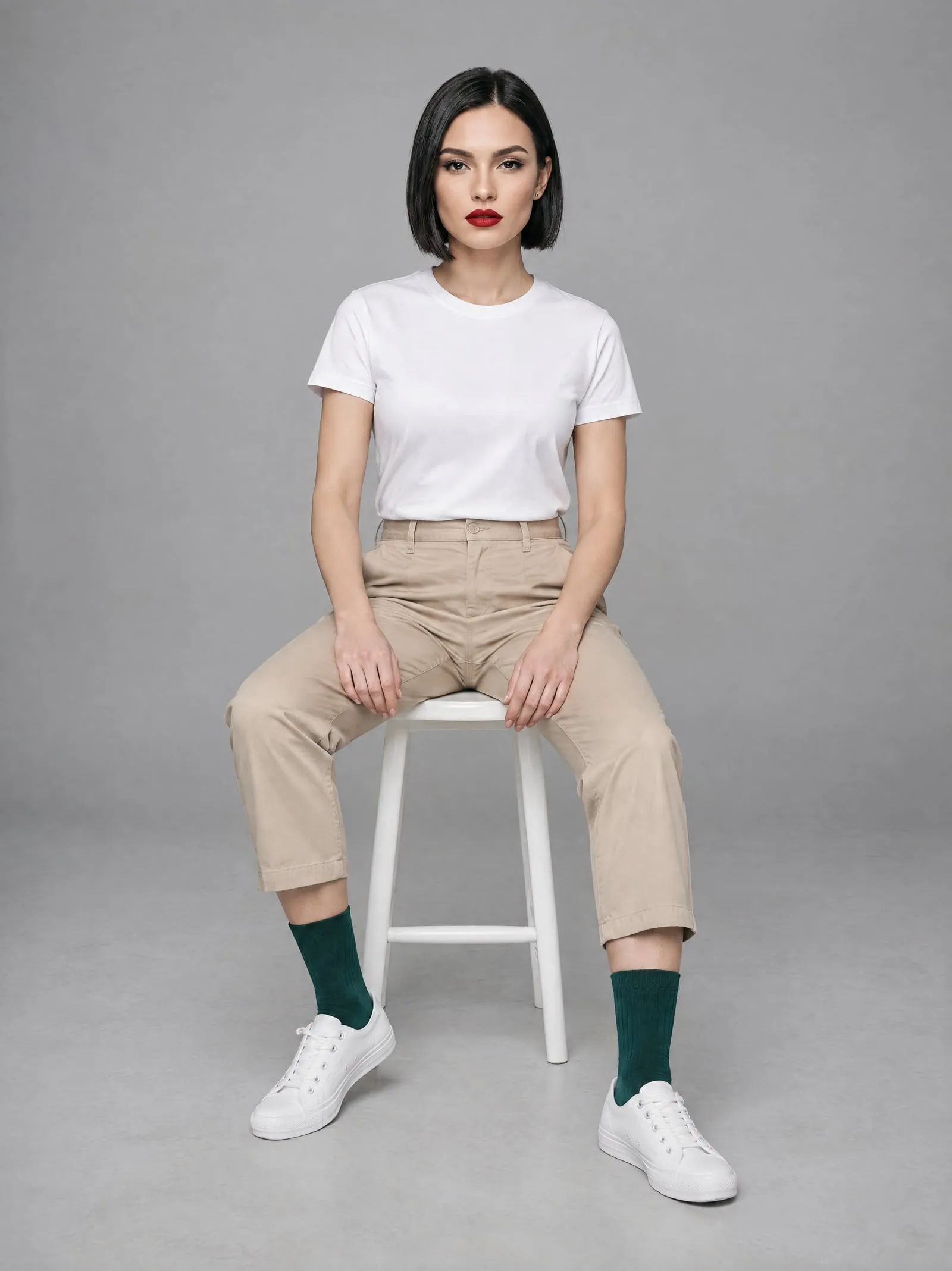 Lena wearing the forest green ribbed socks, seated, in a grey studio