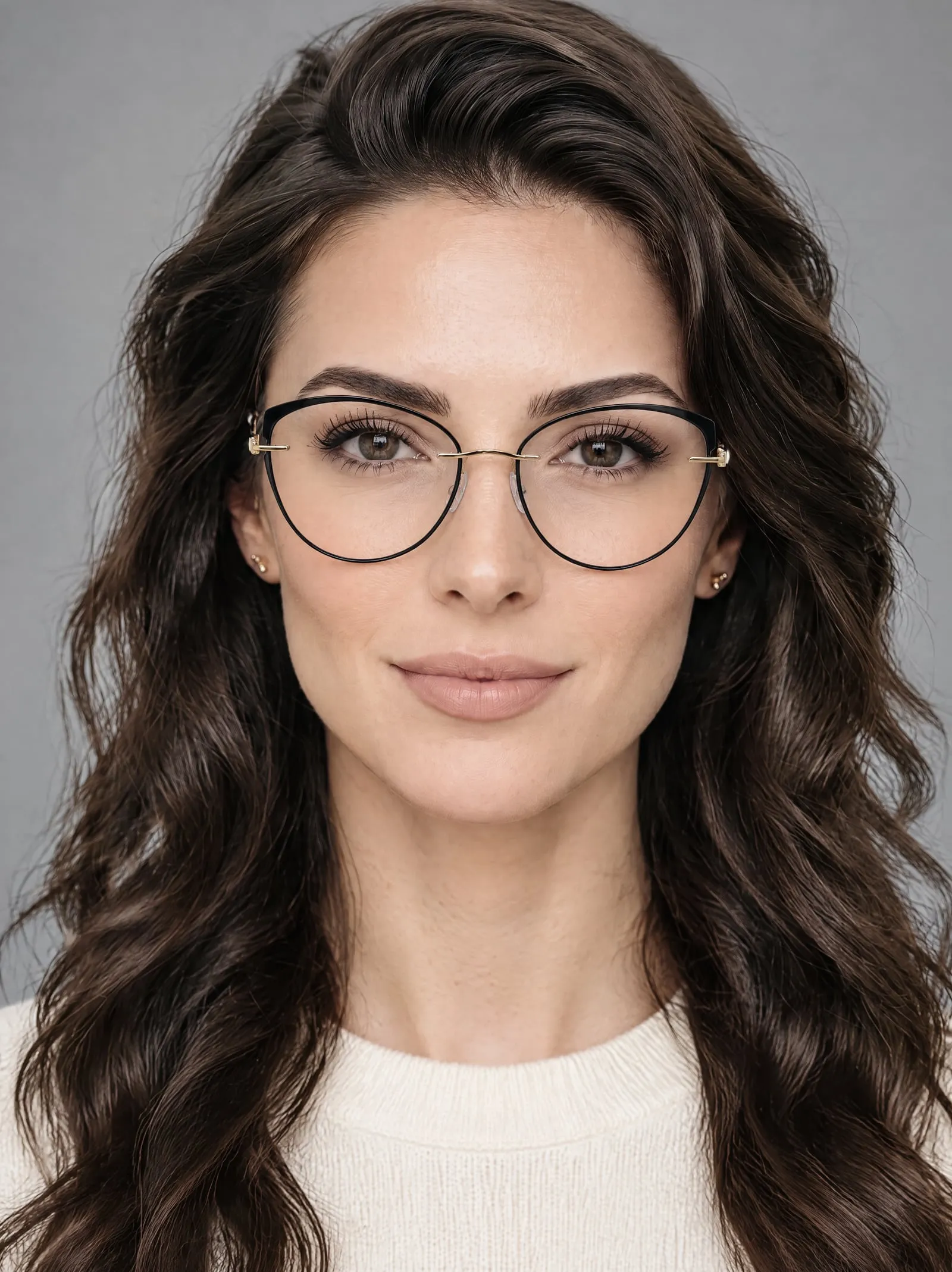 Elle wearing the black and gold round glasses, in a portrait, in a grey studio