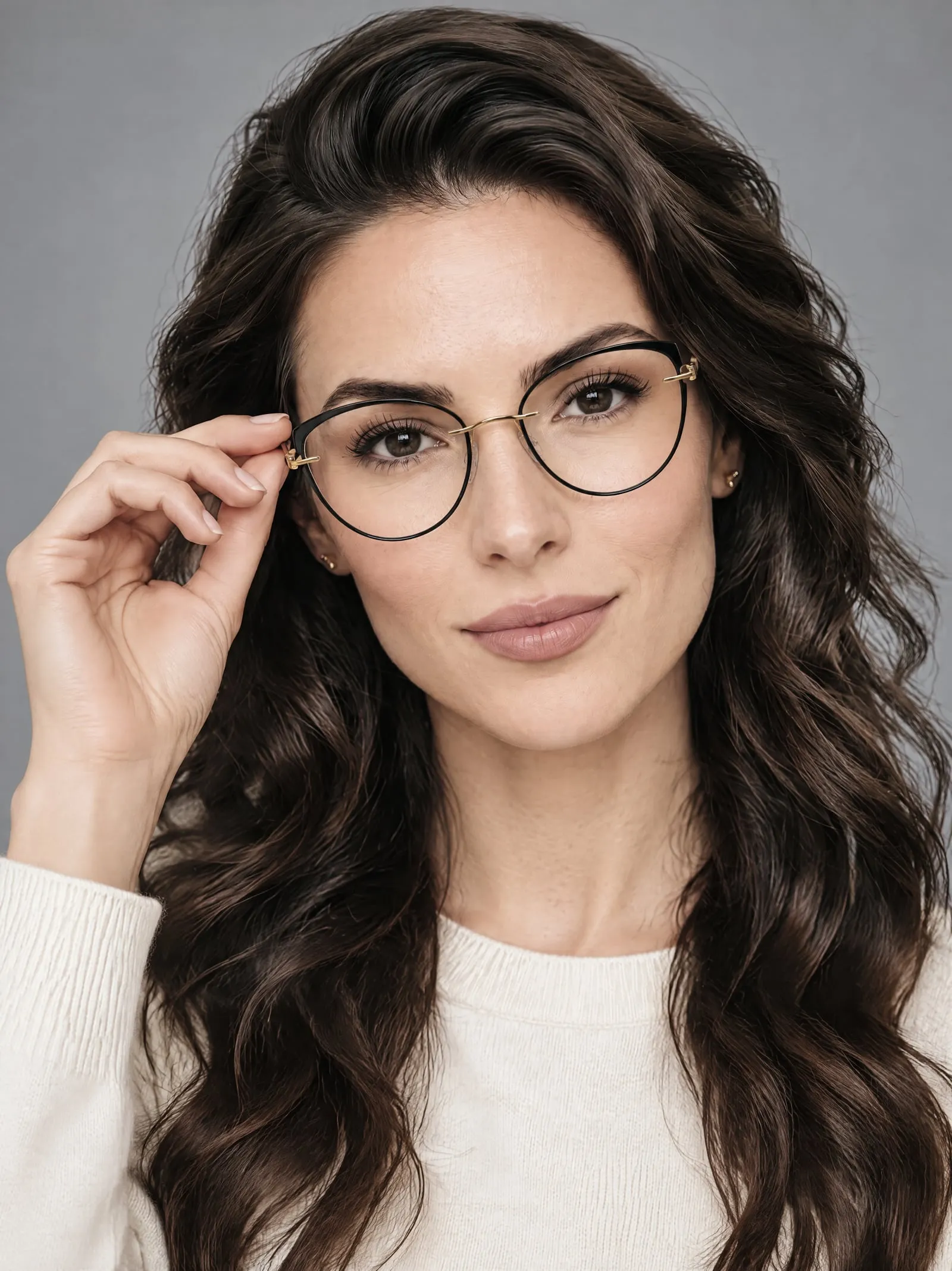 Elle wearing the black and gold round glasses, with her fingertips at the frame, in a grey studio