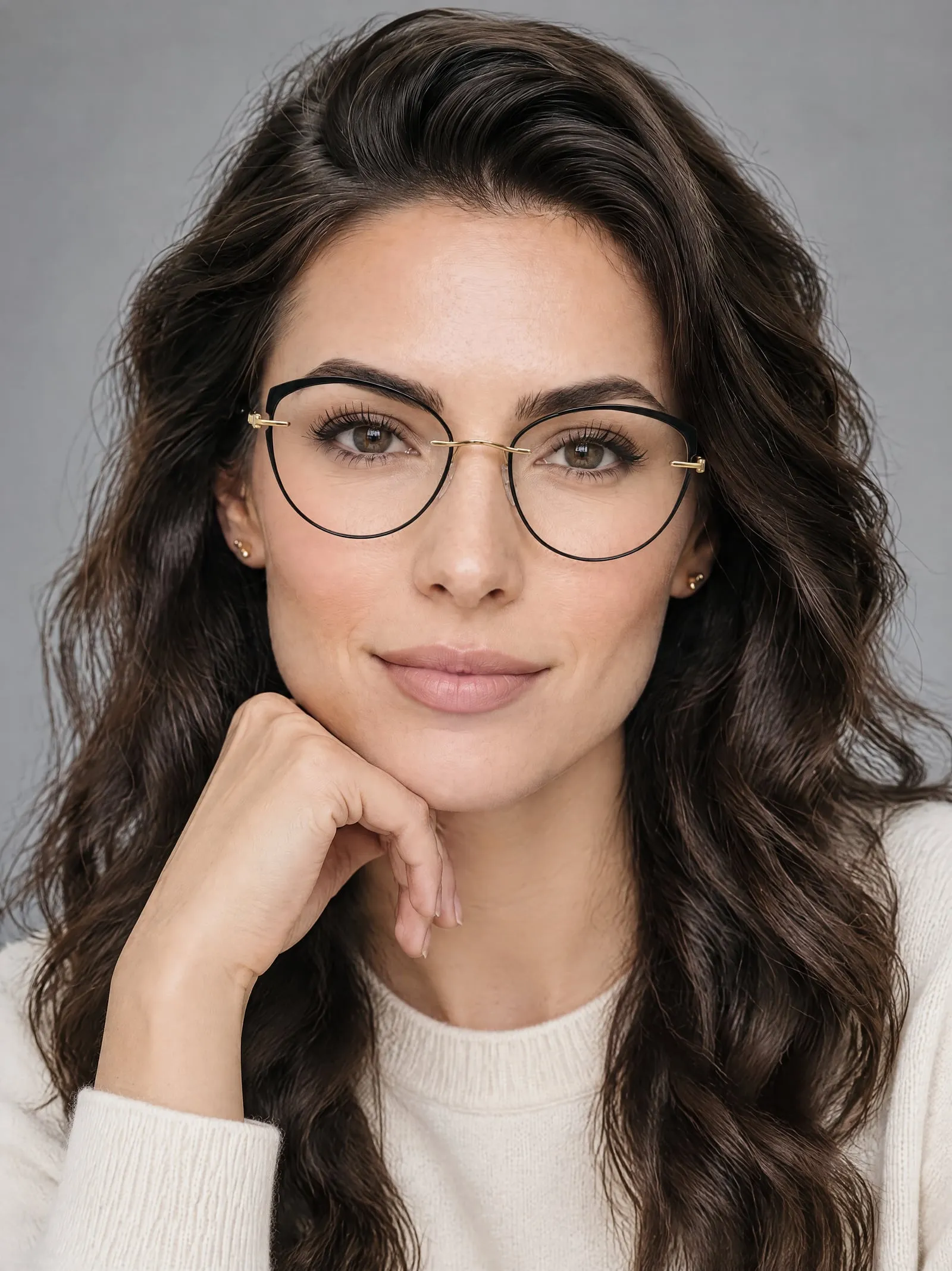 Elle wearing the black and gold round glasses, chin resting on her hand, in a grey studio