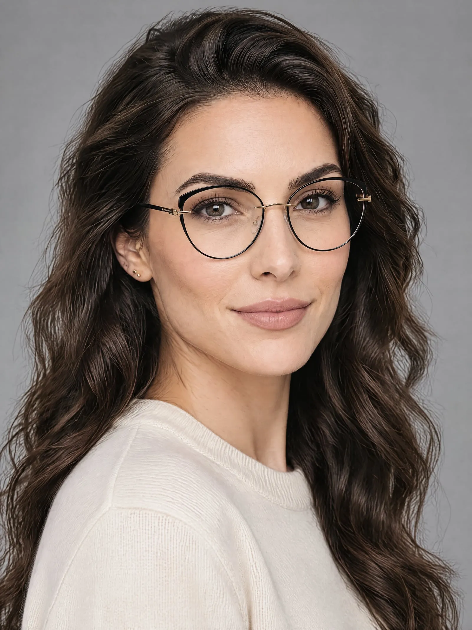 Elle wearing the black and gold round glasses, at three-quarter view, in a grey studio