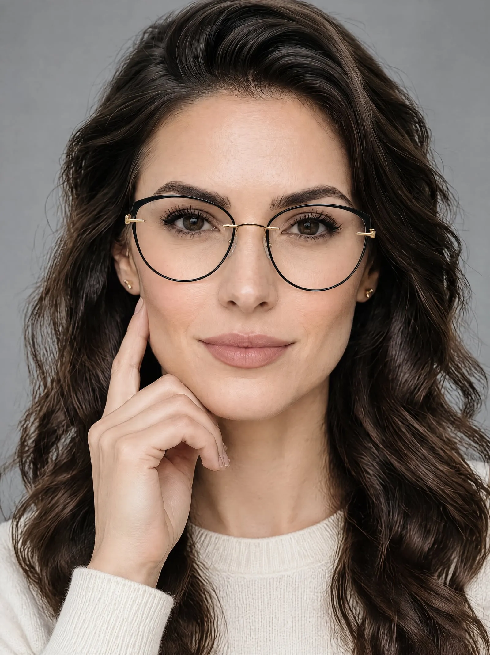 Elle wearing the black and gold round glasses, a hand at her jaw, in a grey studio