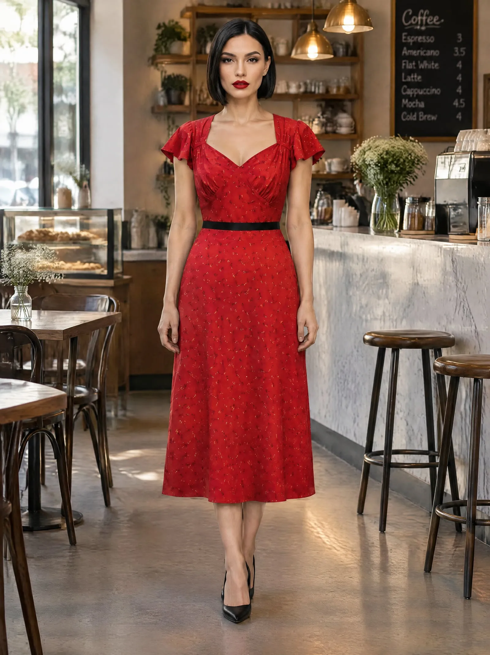 Lena wearing the red polka-dot tea dress, facing the camera, in a café