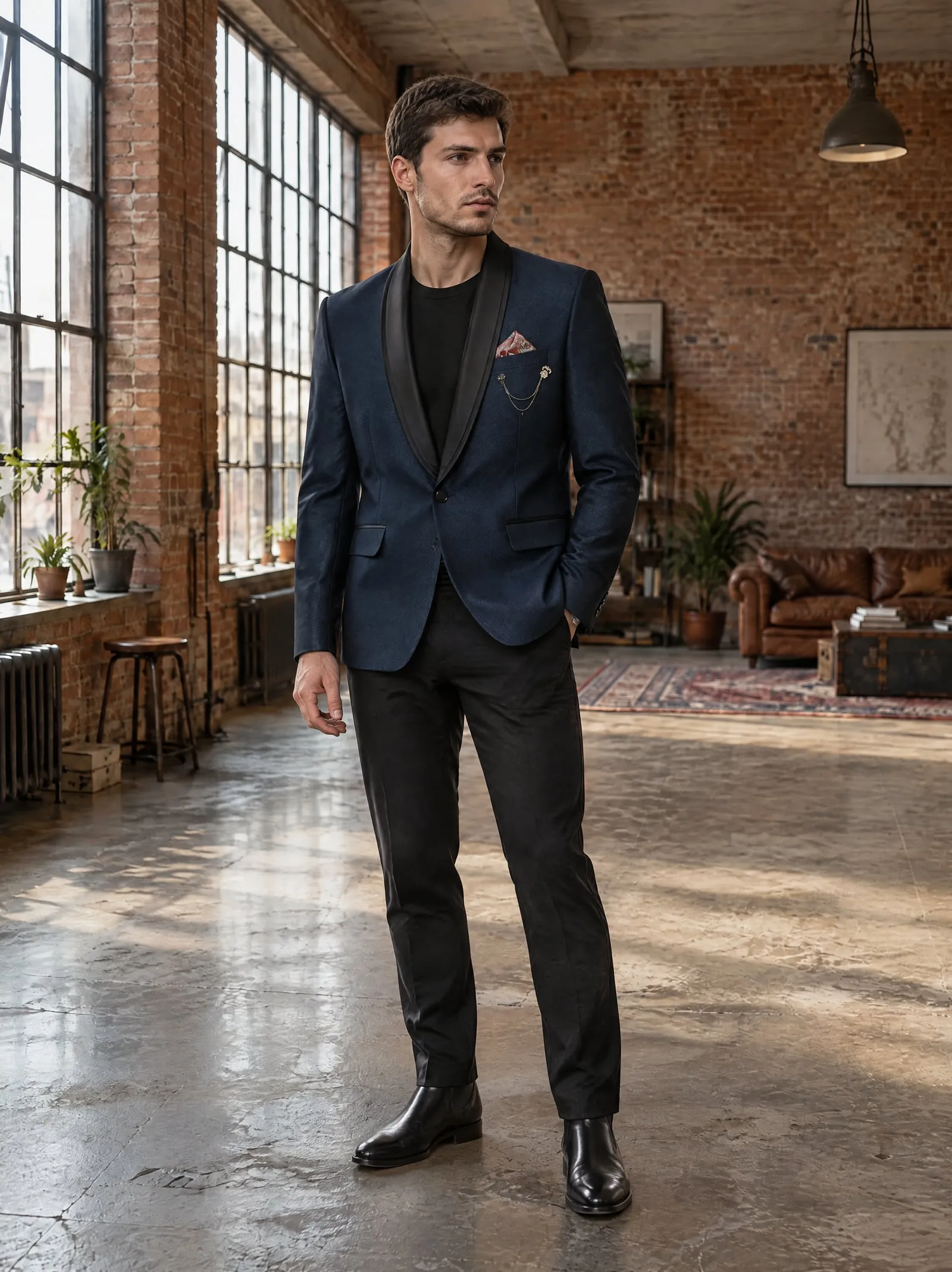 Luca wearing the navy shawl-collar blazer, looking away, in a brick loft