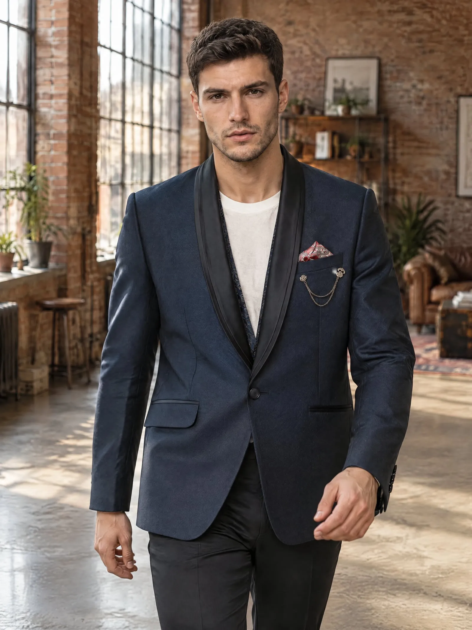 Luca wearing the navy shawl-collar blazer, walking, in a brick loft