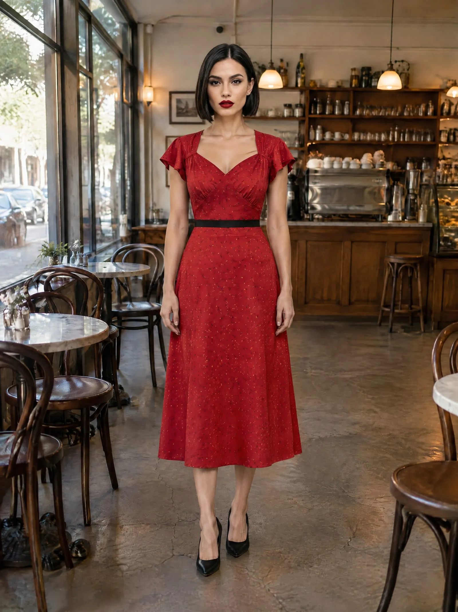 Lena wearing the red polka-dot tea dress, facing the camera, in a café