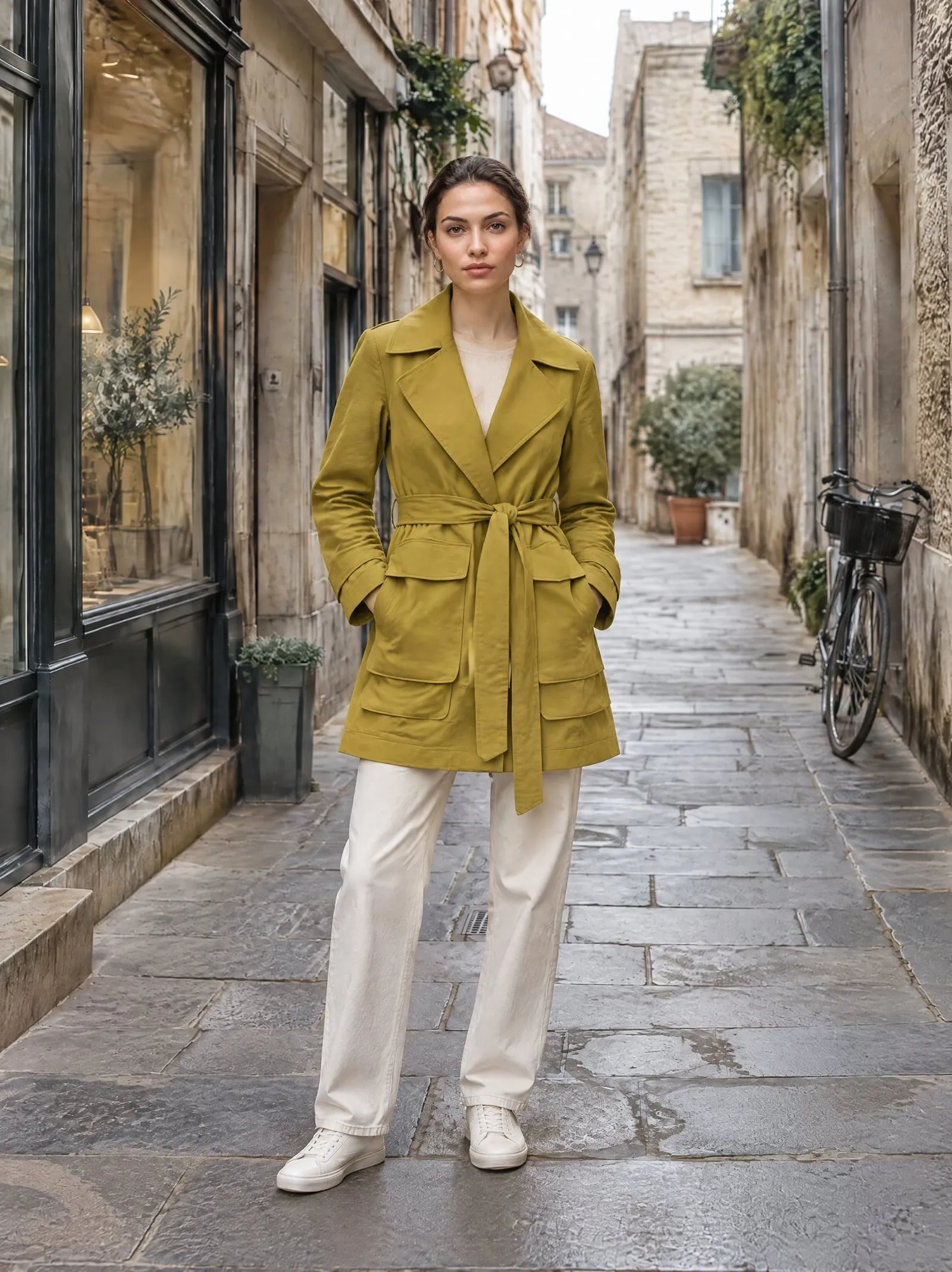 Iris wearing the olive cotton trench coat, hands in pockets, on a stone street