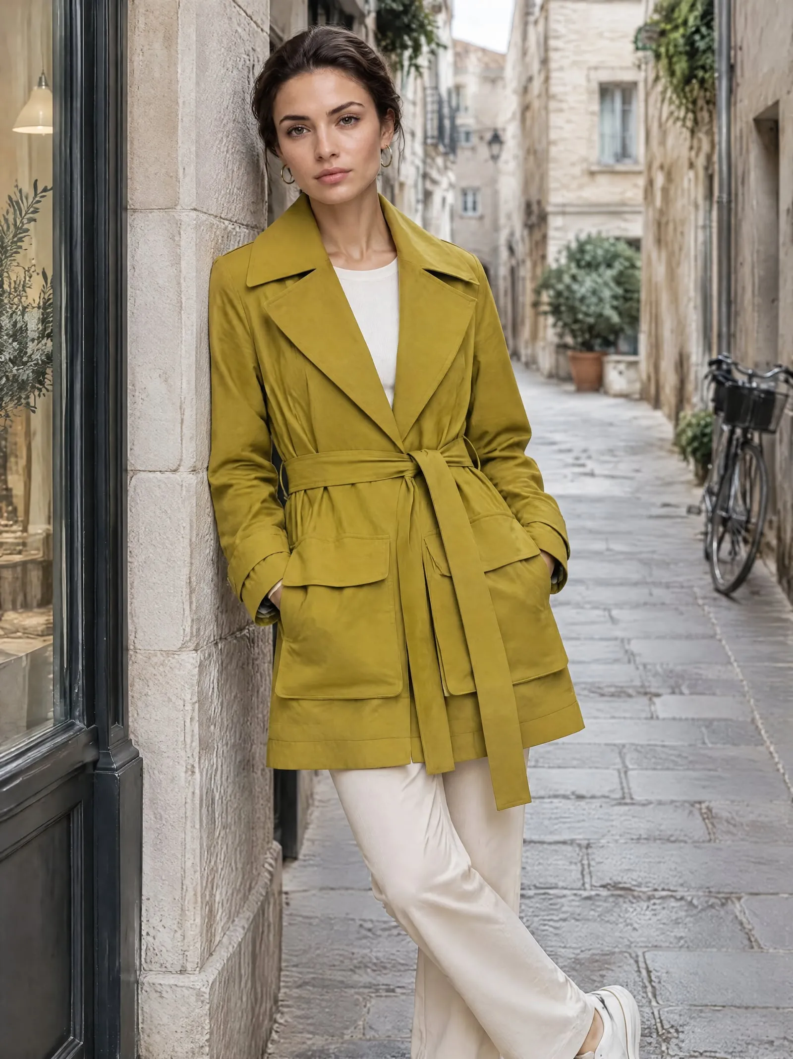 Iris wearing the olive cotton trench coat, leaning, on a stone street