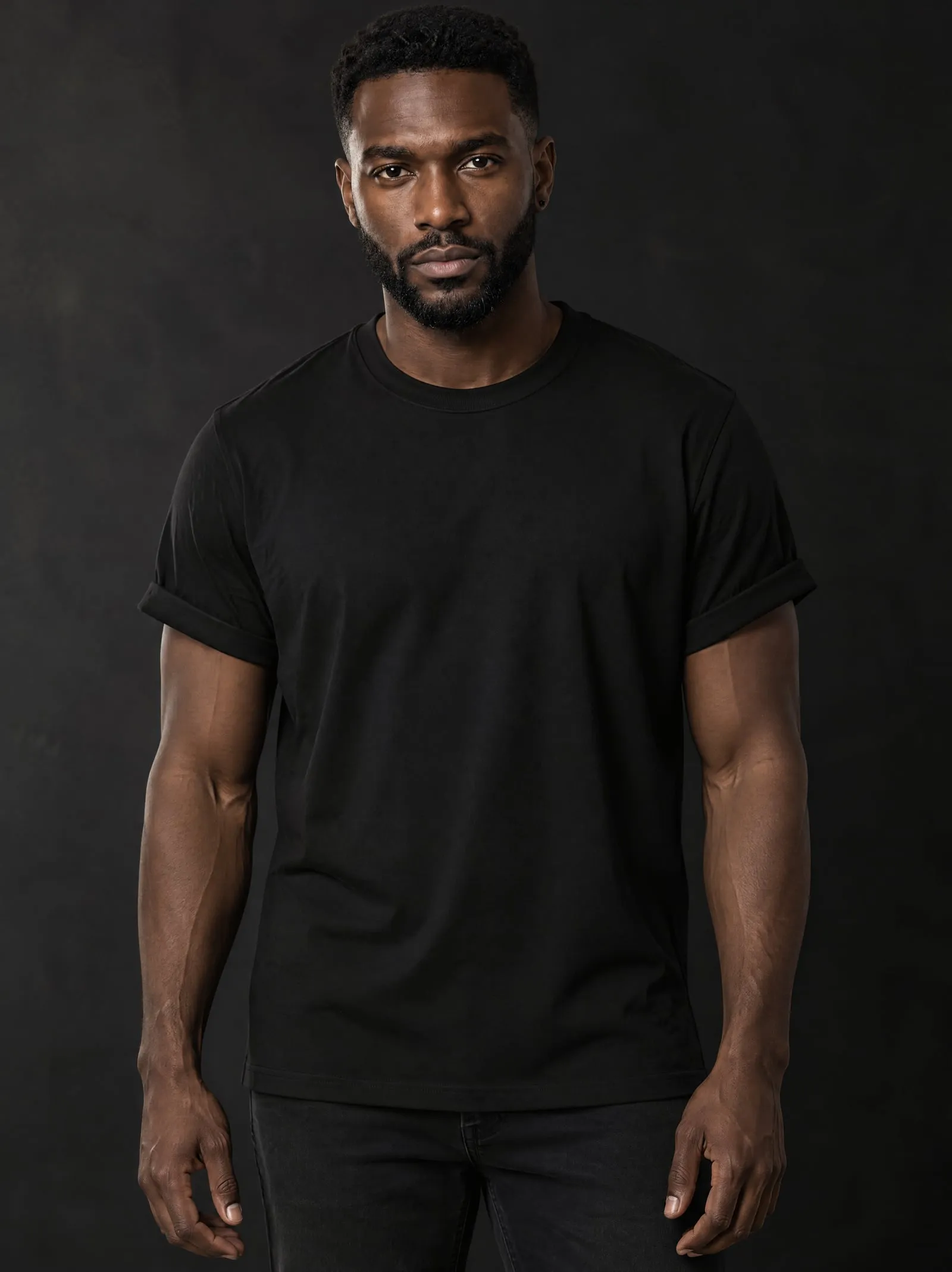 Malik wearing the black T-shirt, facing the camera, in a dark studio