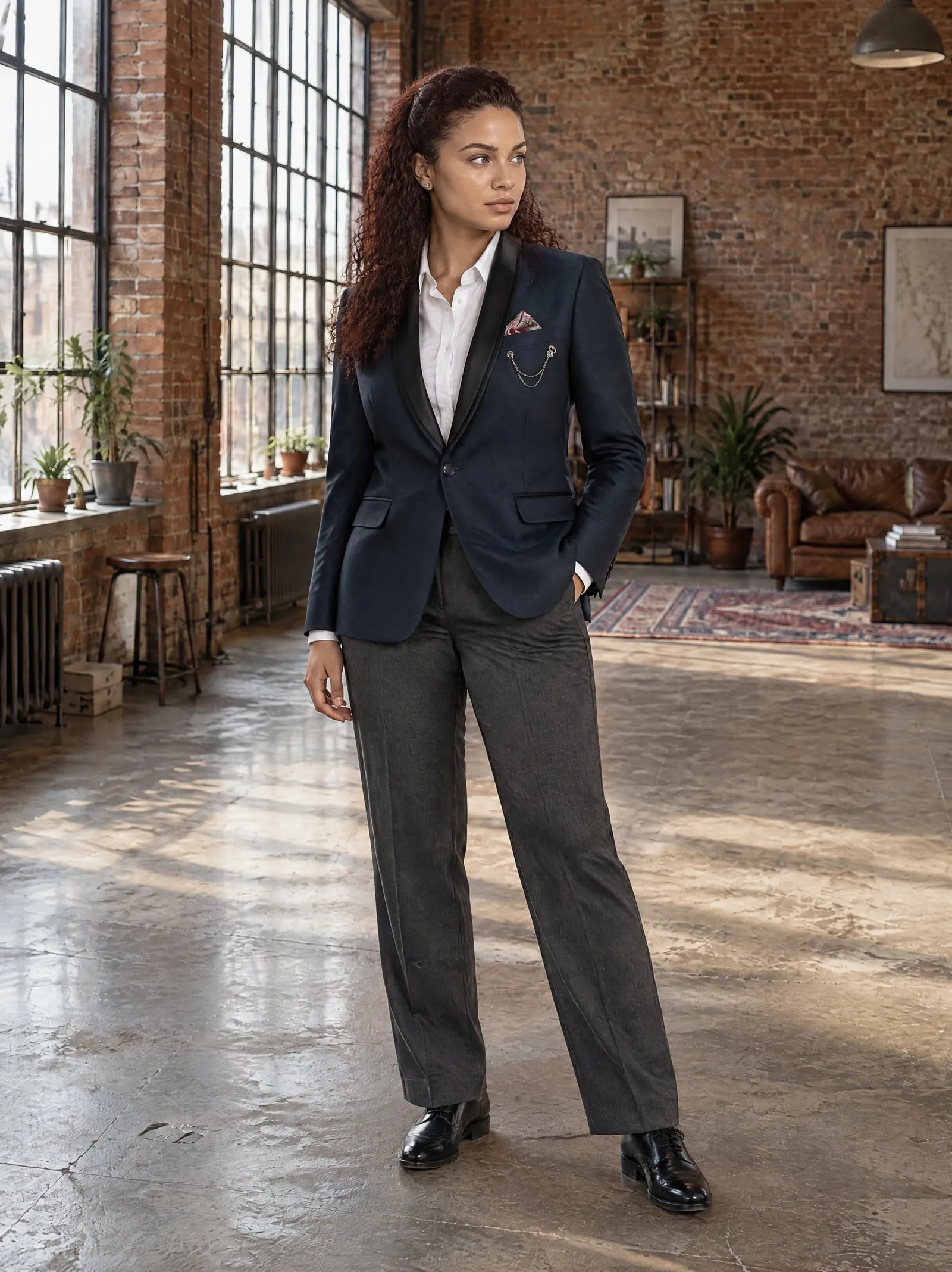 Noor wearing the navy shawl-collar blazer, looking away, in a brick loft