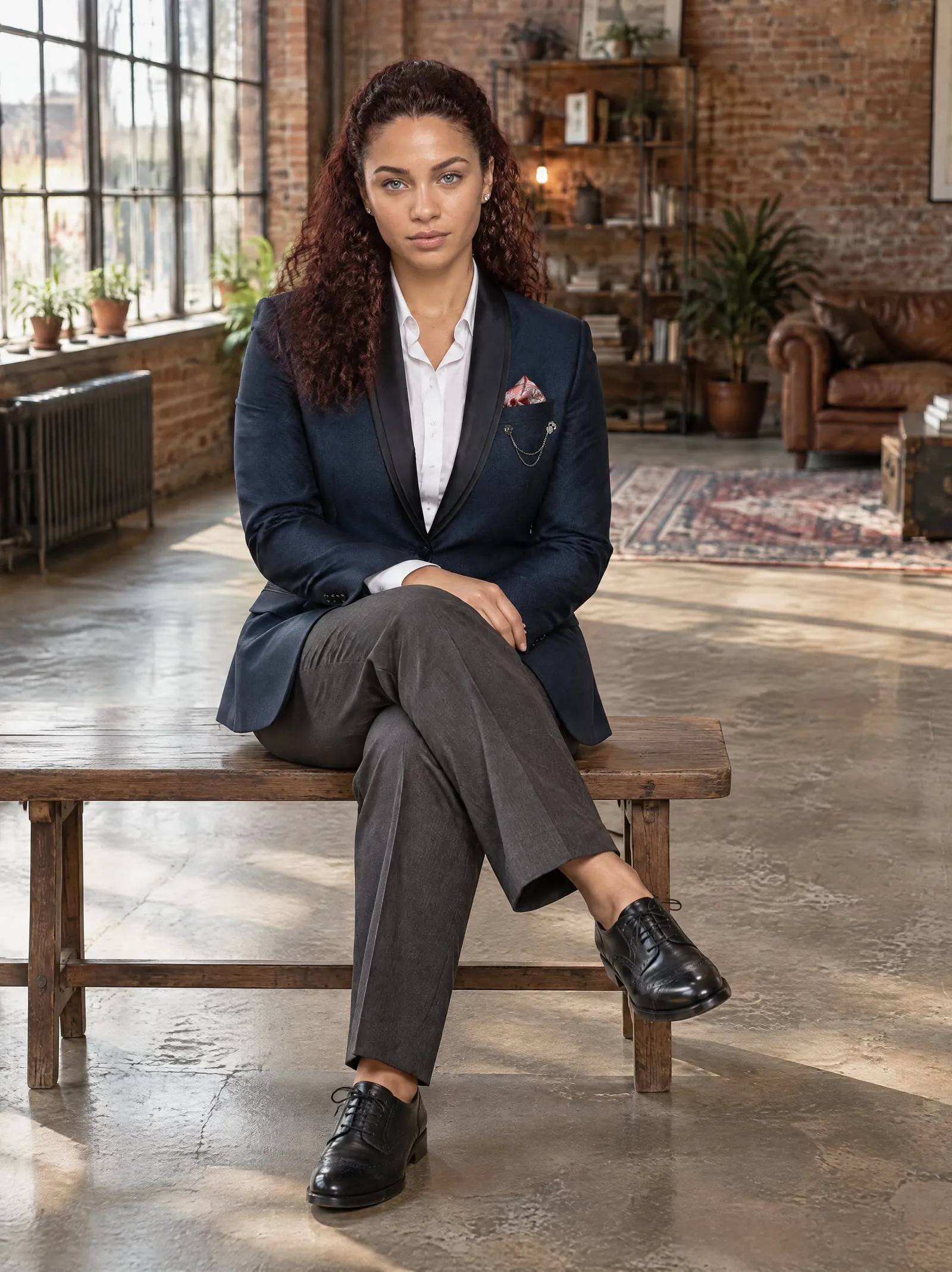 Noor wearing the navy shawl-collar blazer, seated, in a brick loft