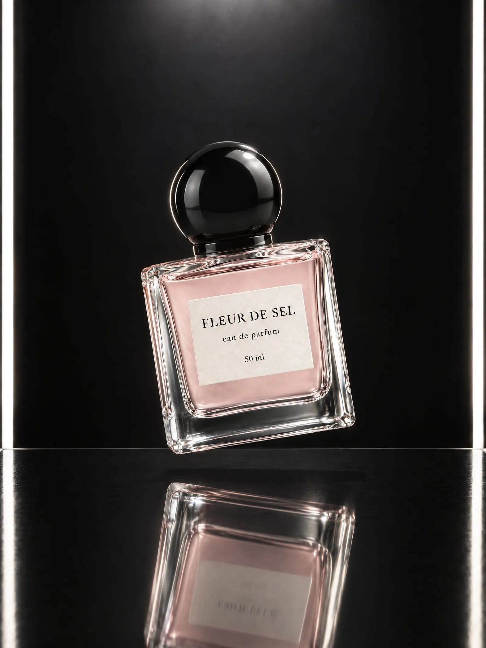 The FLEUR DE SEL eau de parfum, floating in air, on black gloss