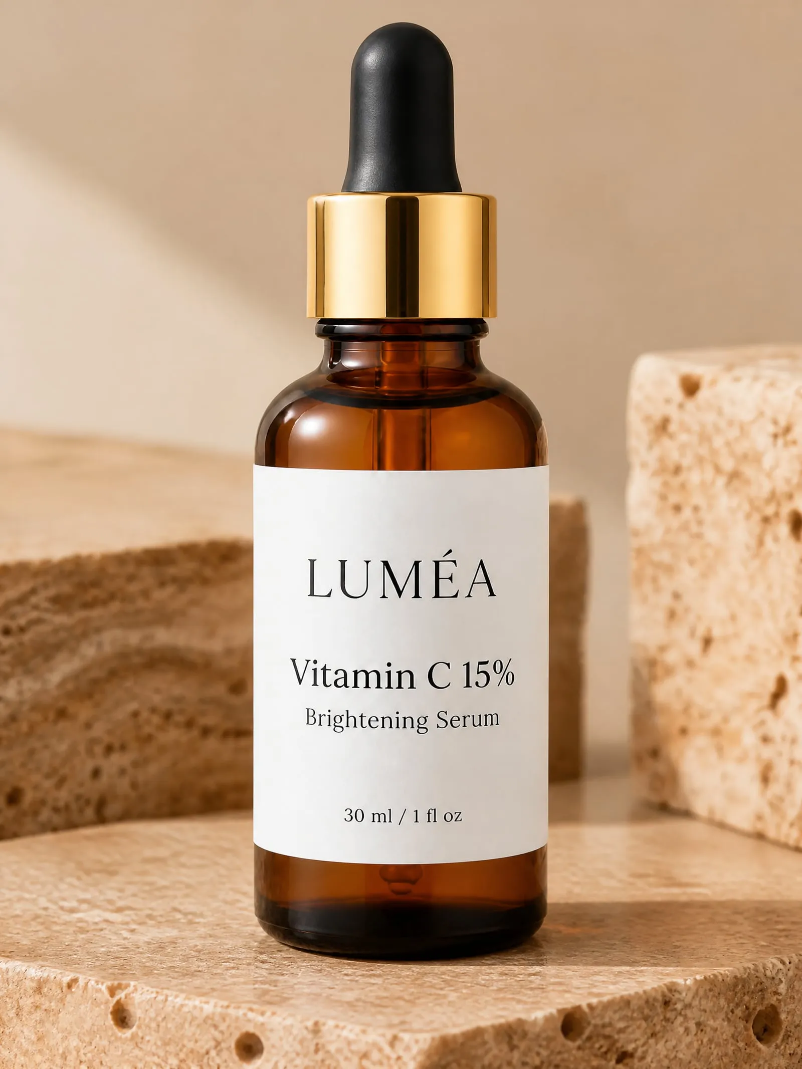 The LUMÉA vitamin C serum, label front view, on travertine stone