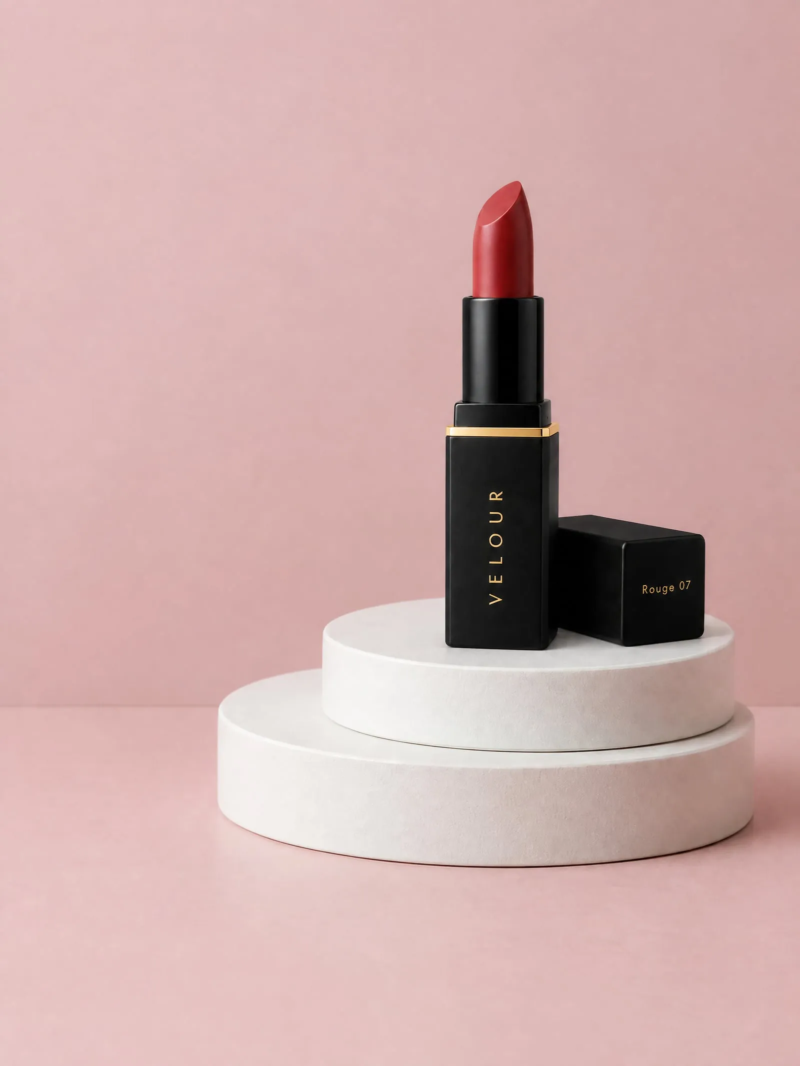 The VELOUR satin lipstick, low angle drama, on a blush-pink podium