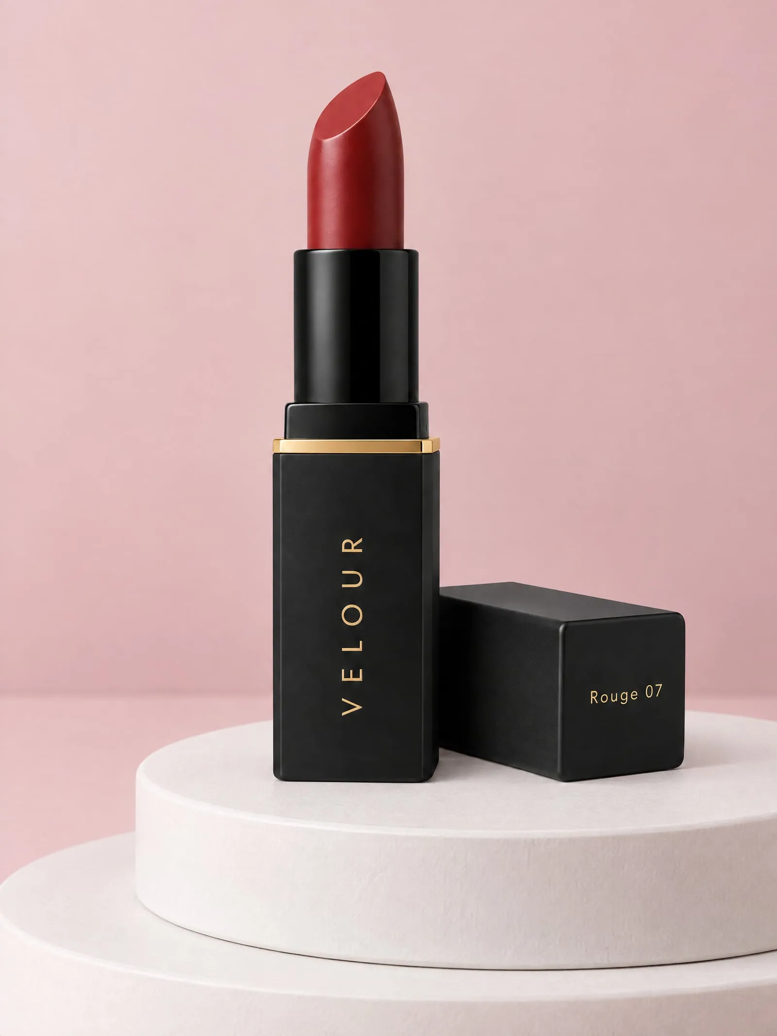 The VELOUR satin lipstick, front detail, on a blush-pink podium