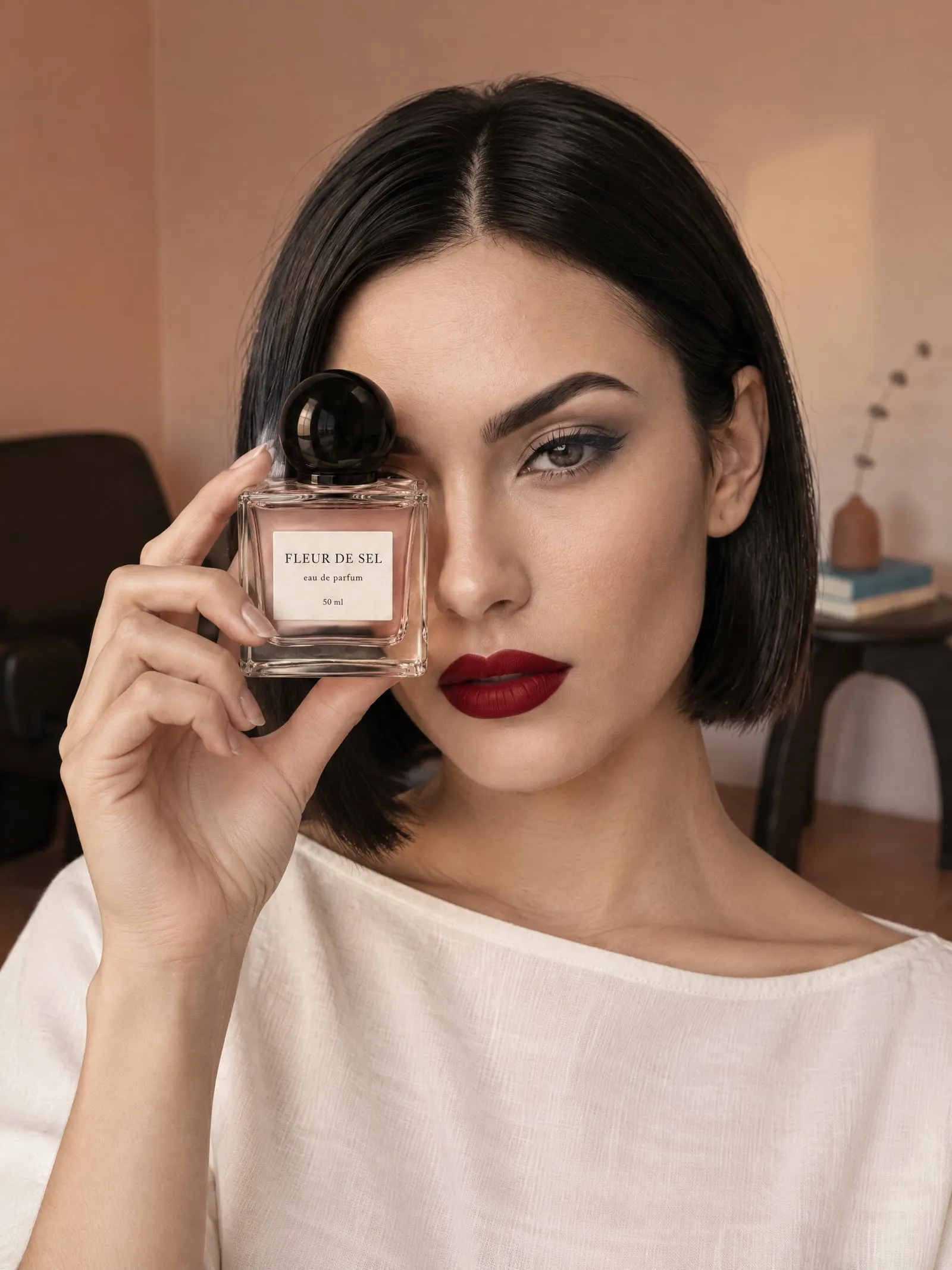 Lena with the FLEUR DE SEL eau de parfum, in front of eye, in a blush-pink room