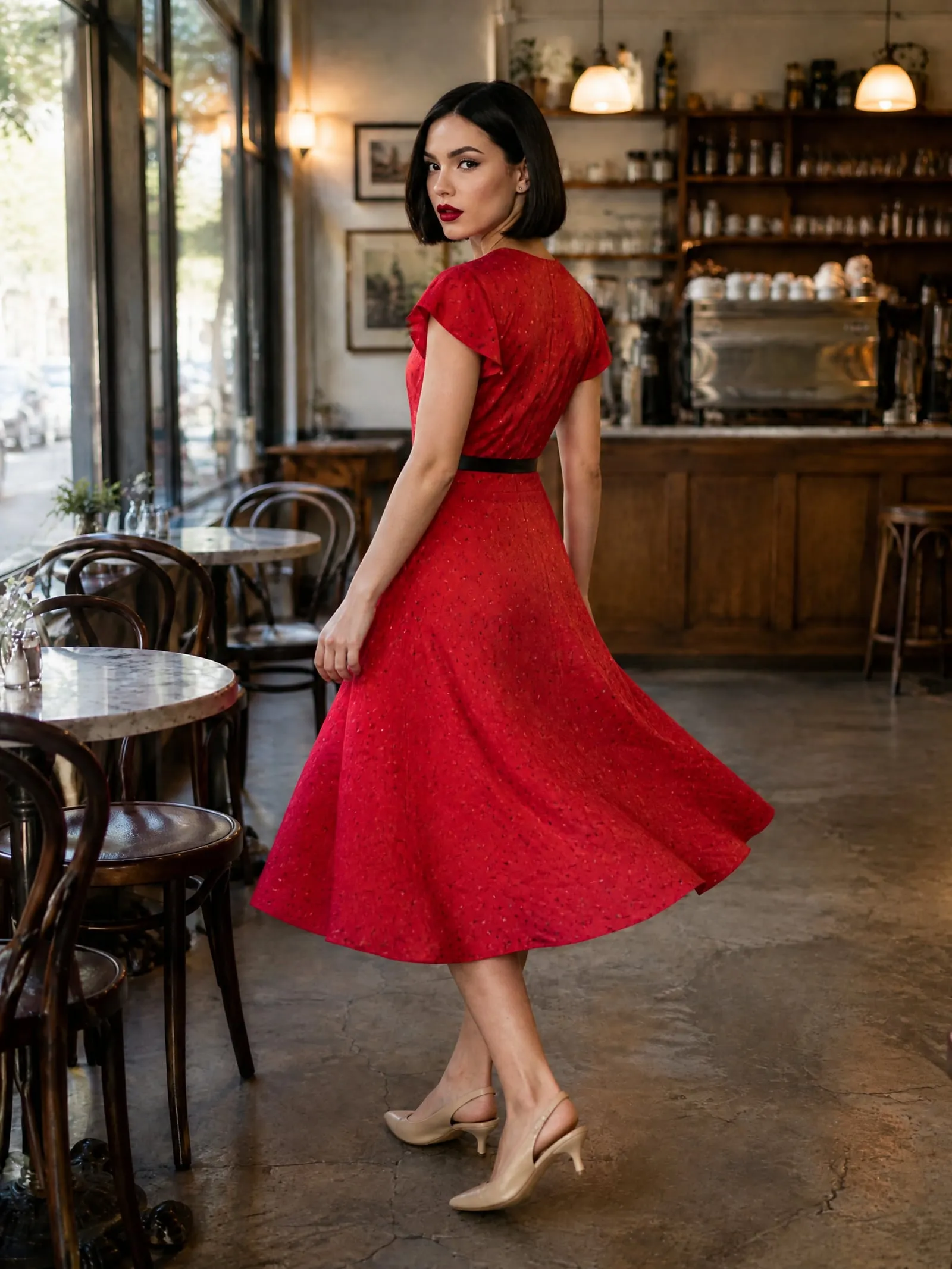 Lena wearing the red polka-dot tea dress, caught mid turn, in a café