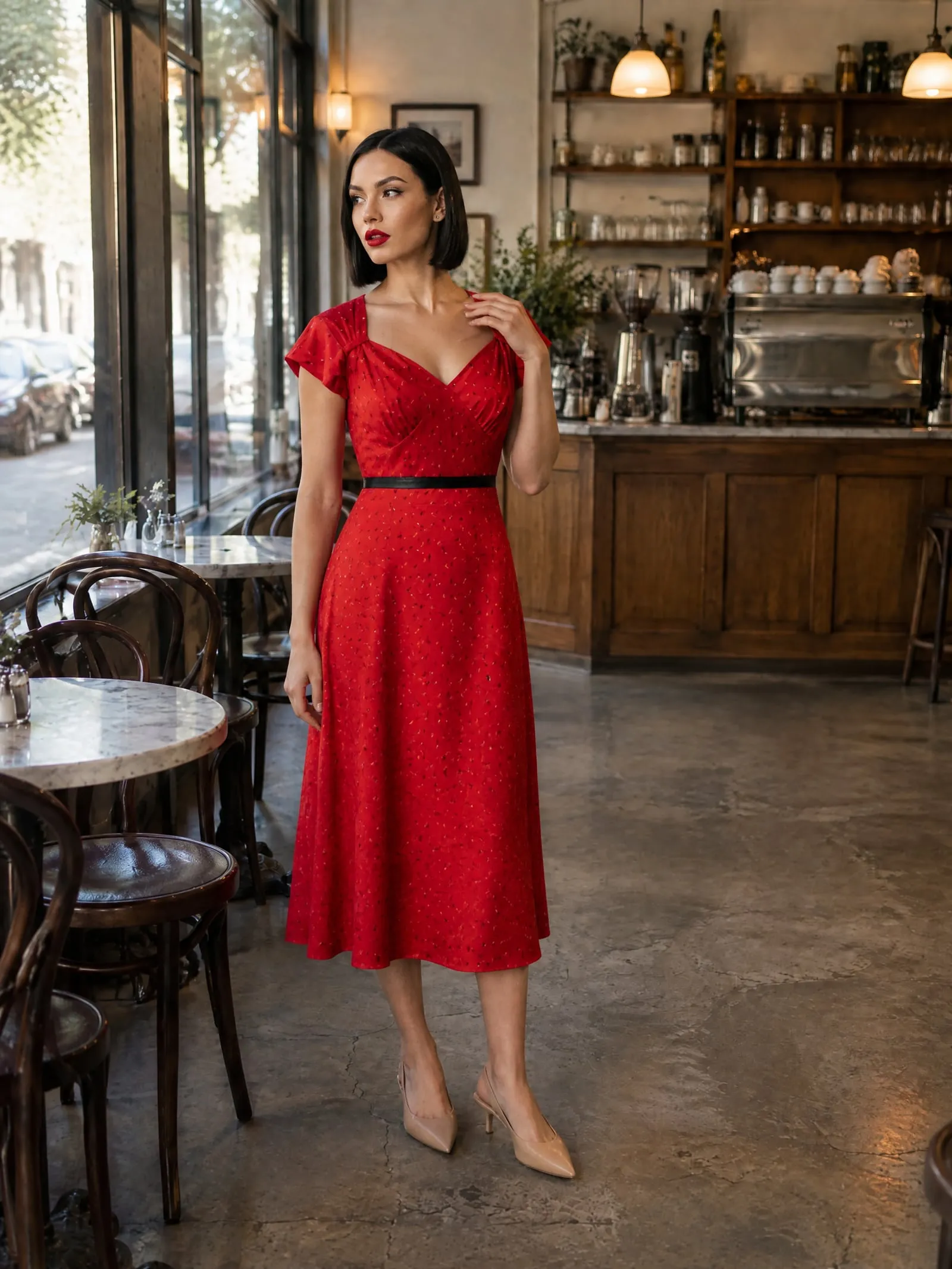 Lena wearing the red polka-dot tea dress, looking out of the window, in a café