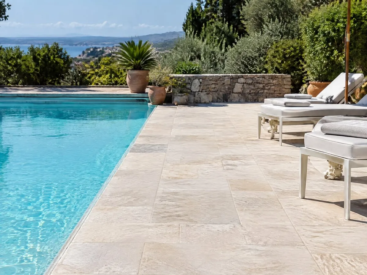 The poolside, empty