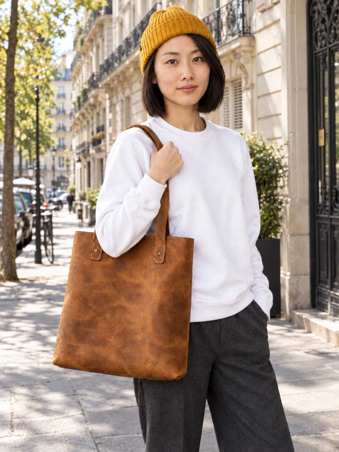 Hana with the same tote and outfit on a sunny Paris street